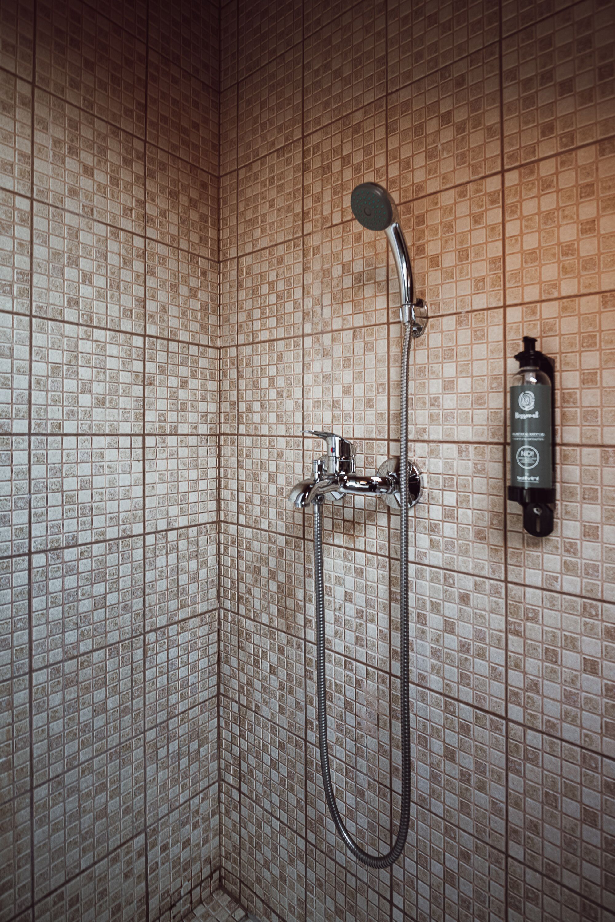Eine Dusche mit Duschbrause und Wandarmatur, mit einem gemusterten Fliesenbelag.