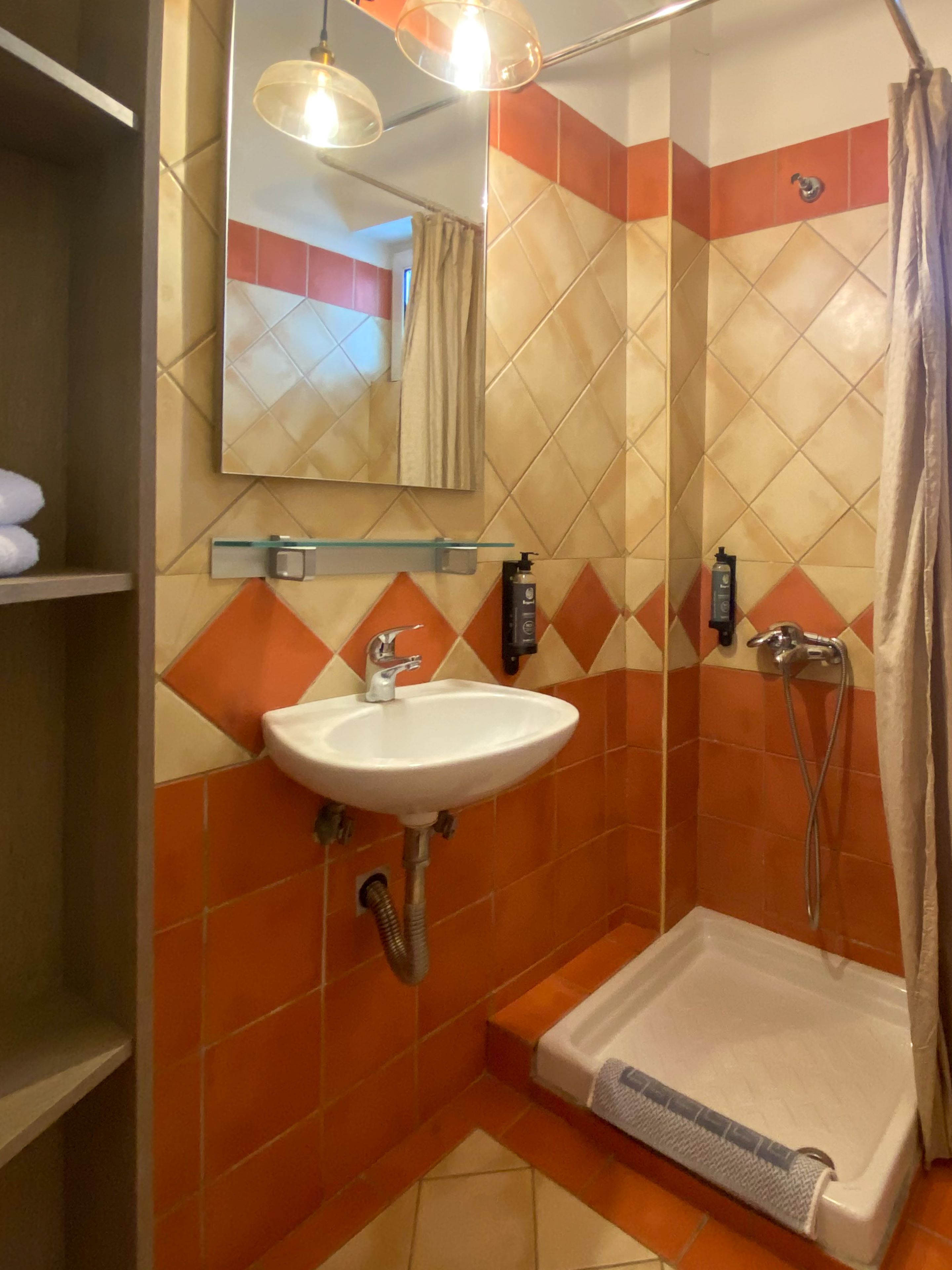 A bathroom with a sink, shower, and a mirror.