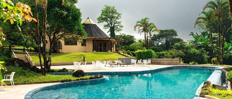 Alberca al aire libre, sombrillas en la alberca y camastros