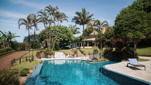 Une piscine à l’eau d’un bleu cristallin, entourée de palmiers et bordée d’une maison au toit en pente.