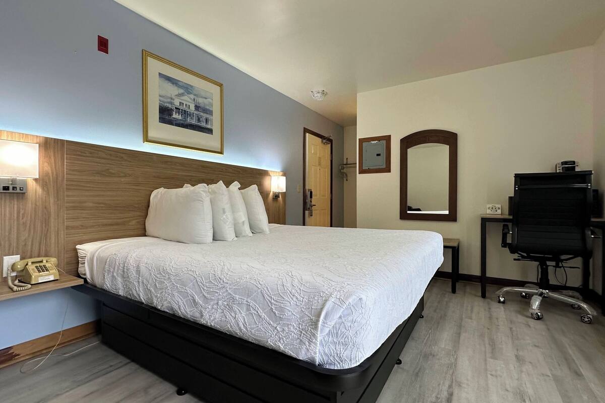 A hotel room with a bed, bedside lamp, telephone, and a desk with a chair.