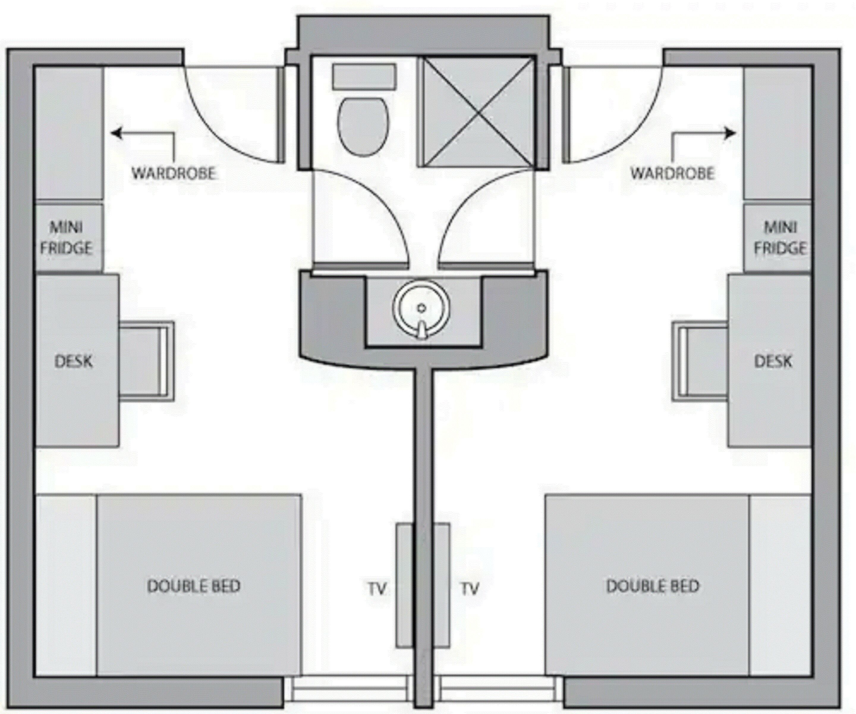 A floor plan with a double bed, TV, desk, mini fridge, wardrobe, and a central area with a circular feature.