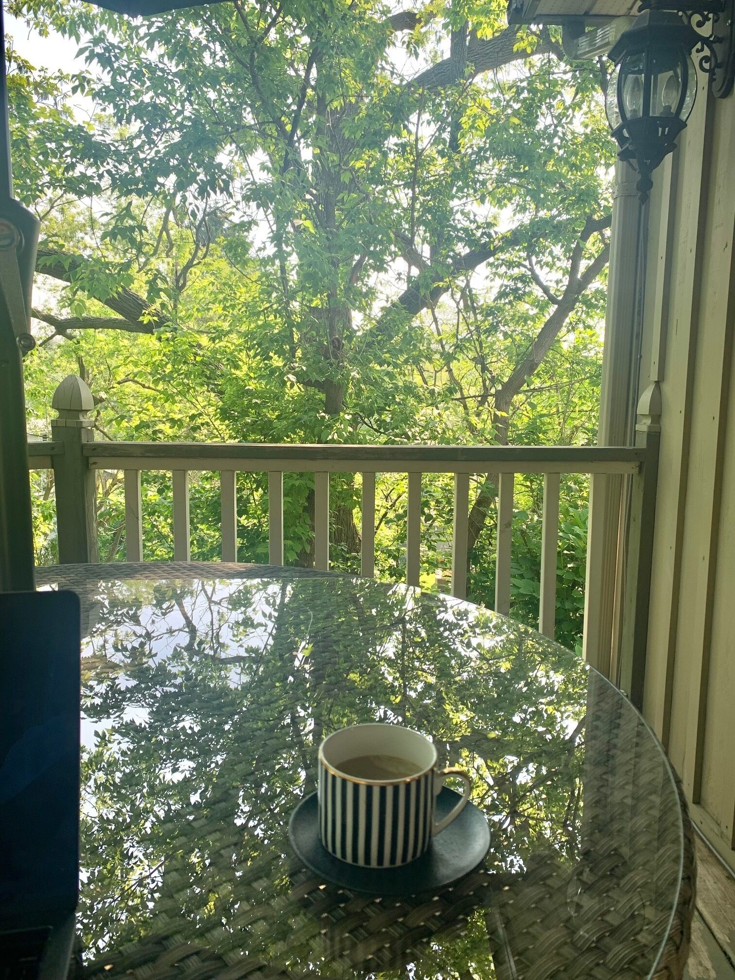 A glass table with a cup on it, surrounded by a white railing, with trees in the background.