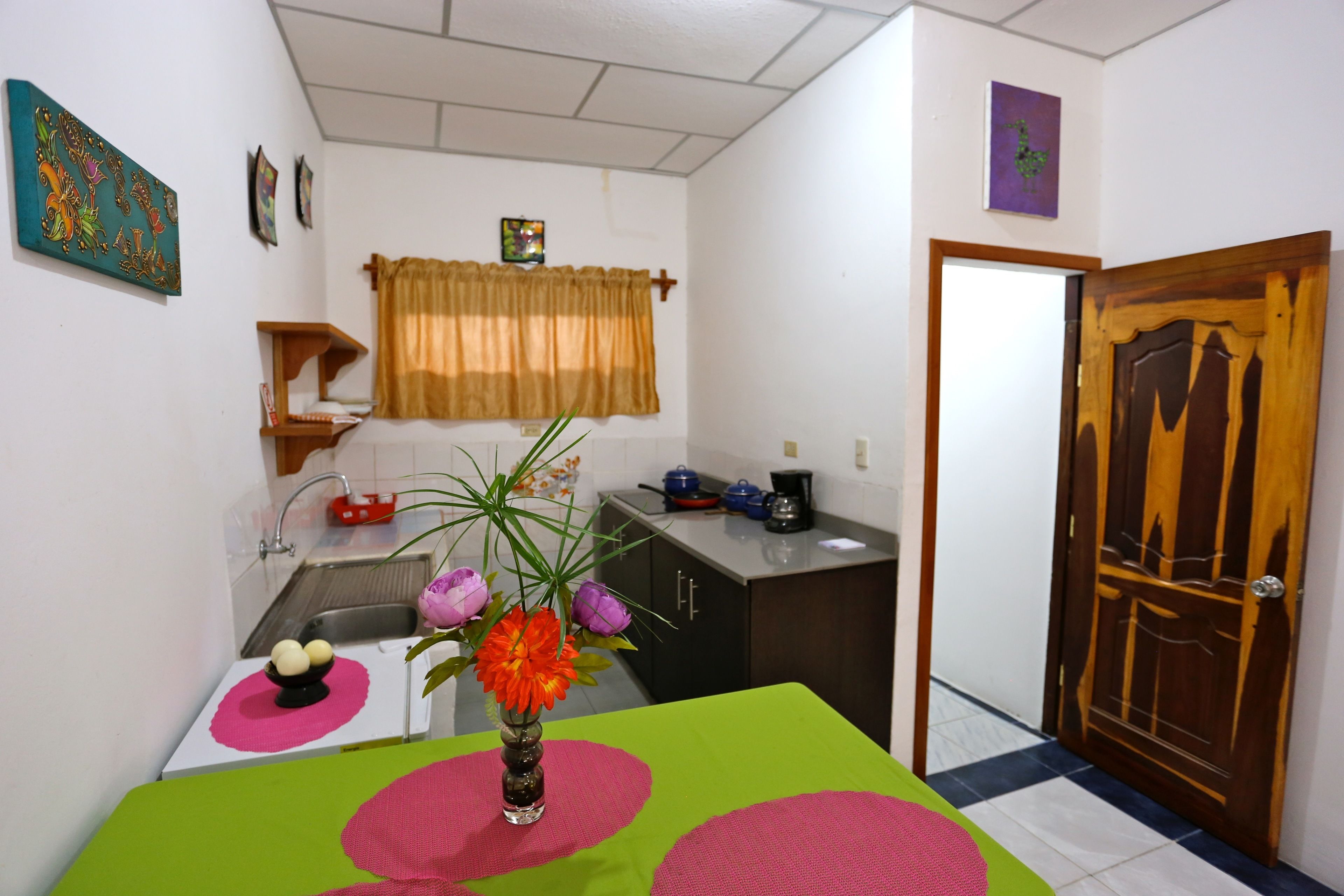 A small kitchen with a sink, a countertop, and a wooden door.