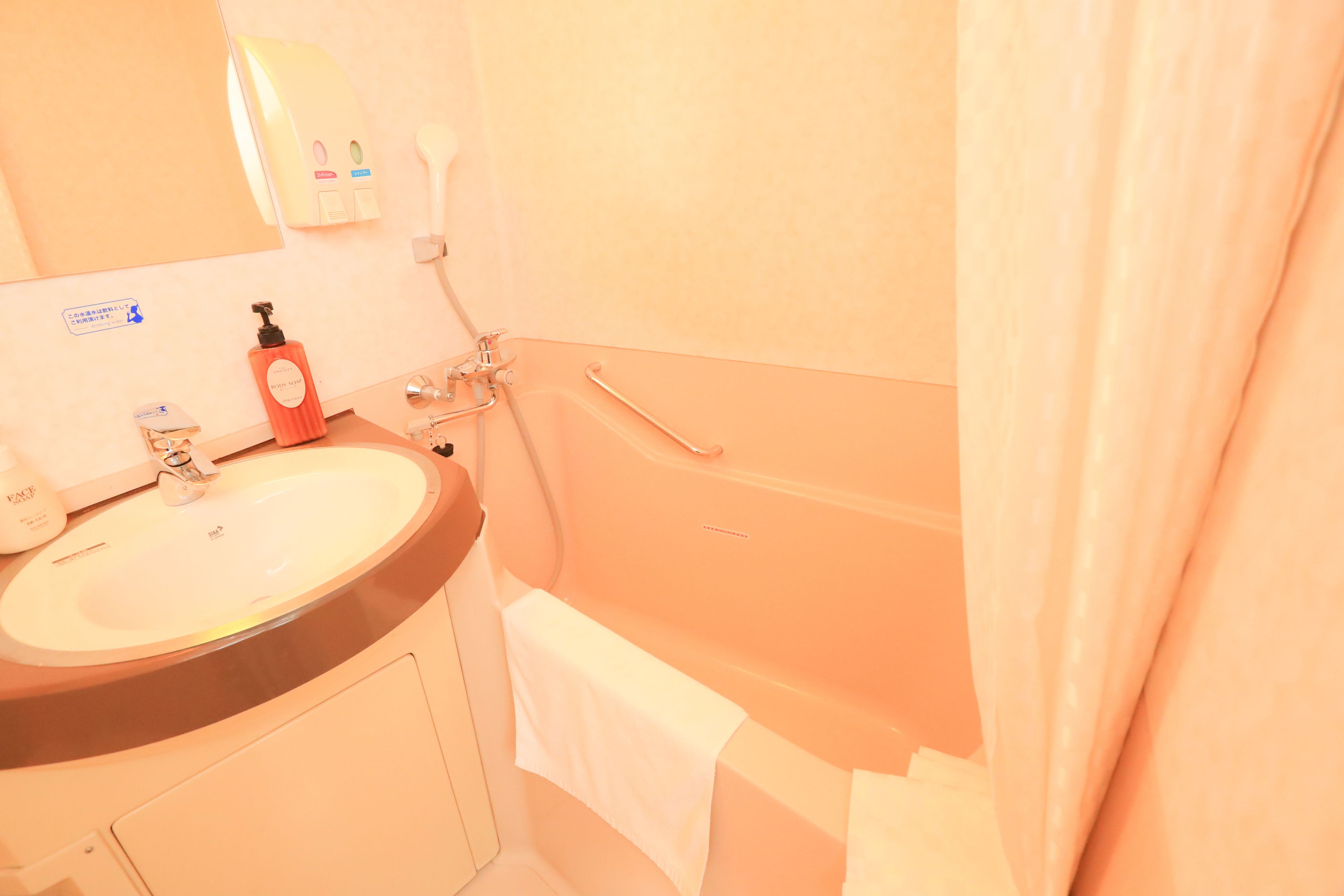 combined shower/bathtub, deep-soaking bathtub, free toiletries