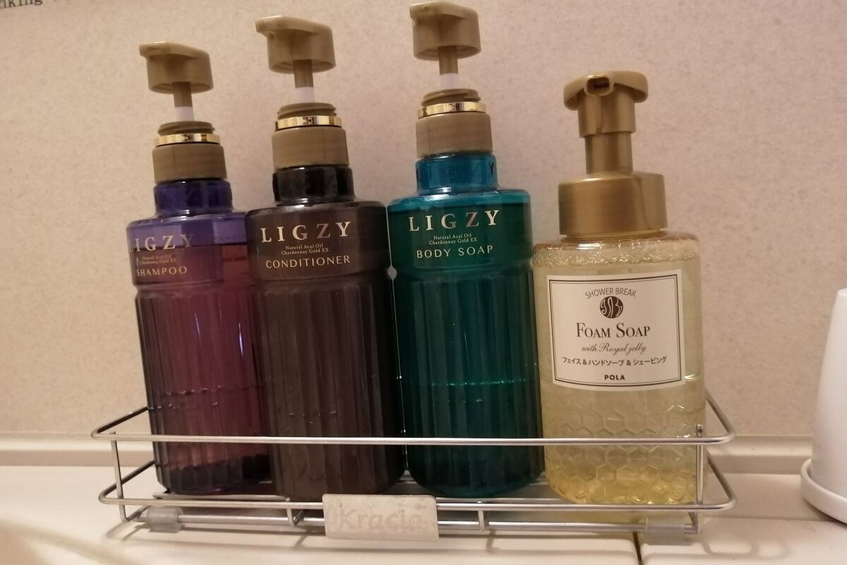 combined shower/bathtub, deep-soaking bathtub, free toiletries