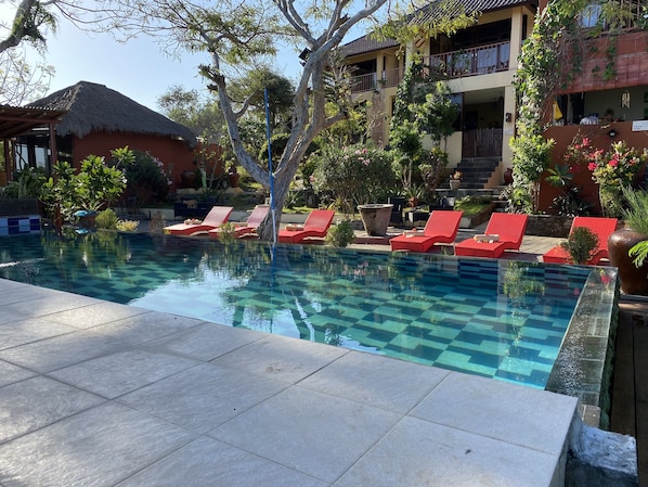 Outdoor pool, open 8:00 AM to 9:00 PM, pool umbrellas, sun loungers