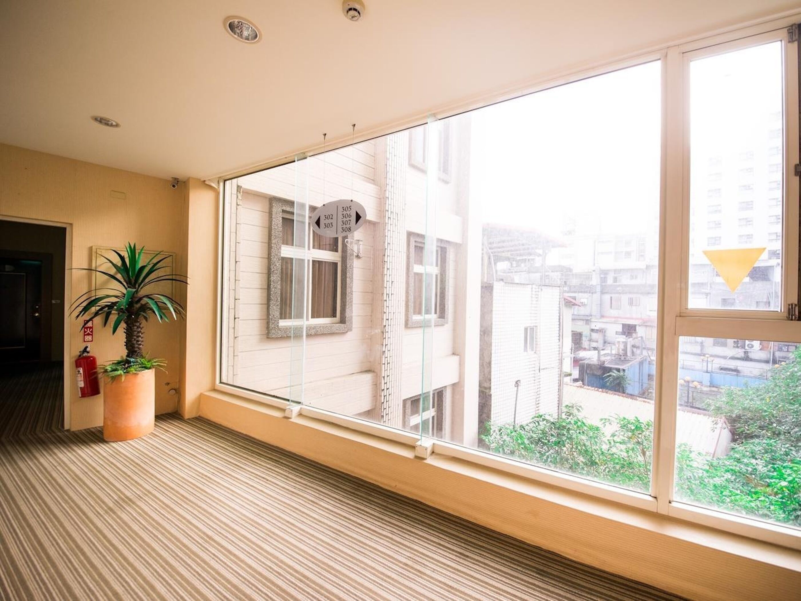 Una habitación de hotel con un ventanal grande, una planta en maceta y un extintor.