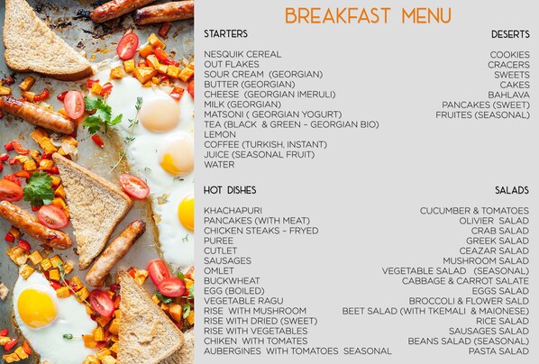 A breakfast menu with various items listed under categories like starters, hot dishes, and salads.