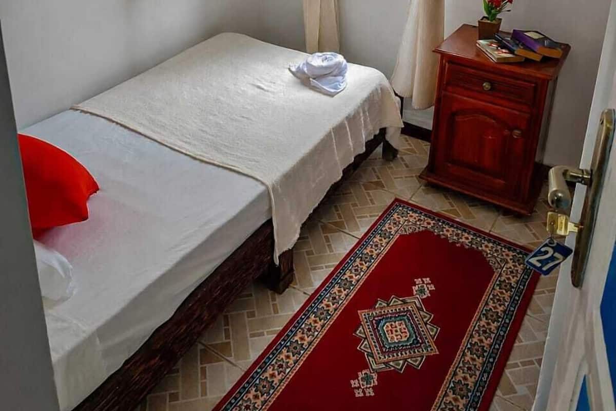 A small bedroom with a single bed, a window with curtains, a wooden nightstand, and a patterned rug.