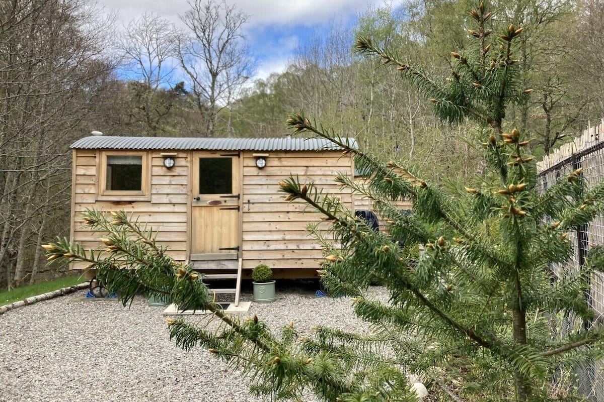 Una pequeña cabaña de madera de un piso, con una puerta principal y dos ventanas, rodeada de árboles y grava.