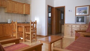Un espace de vie compact comprenant une kitchenette, des meubles en bois et un téléviseur.