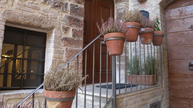Un edificio de piedra con puerta de madera y varios maceteros colgantes.