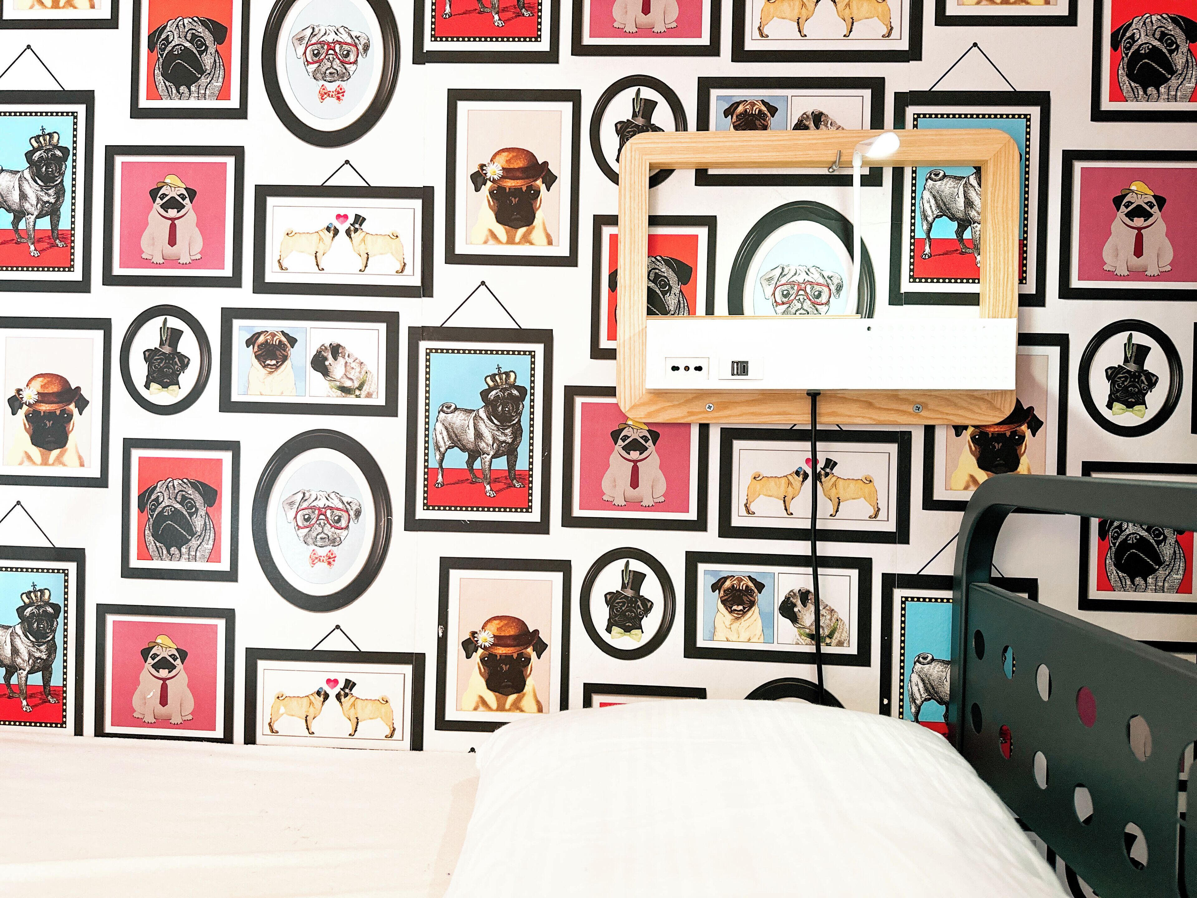 Eine Wand mit gerahmten Hundebildern, einem Bett und einem Metall-Kopfteil.