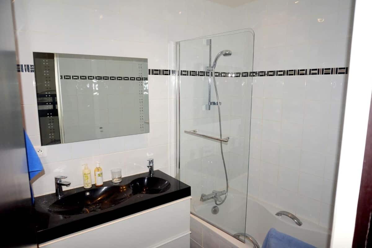 Un baño moderno con ducha envuelta en vidrio, un lavamanos negro y dos jabones, y un espejo sobre el lavamanos.