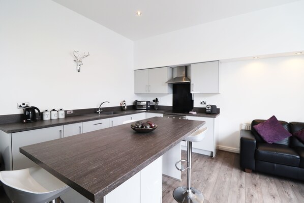 Appartement Luxe, 2 chambres, rez-de-chaussée (Apt 4) | Cuisine privée | Grand réfrigérateur, micro-ondes, four, plaque de cuisson