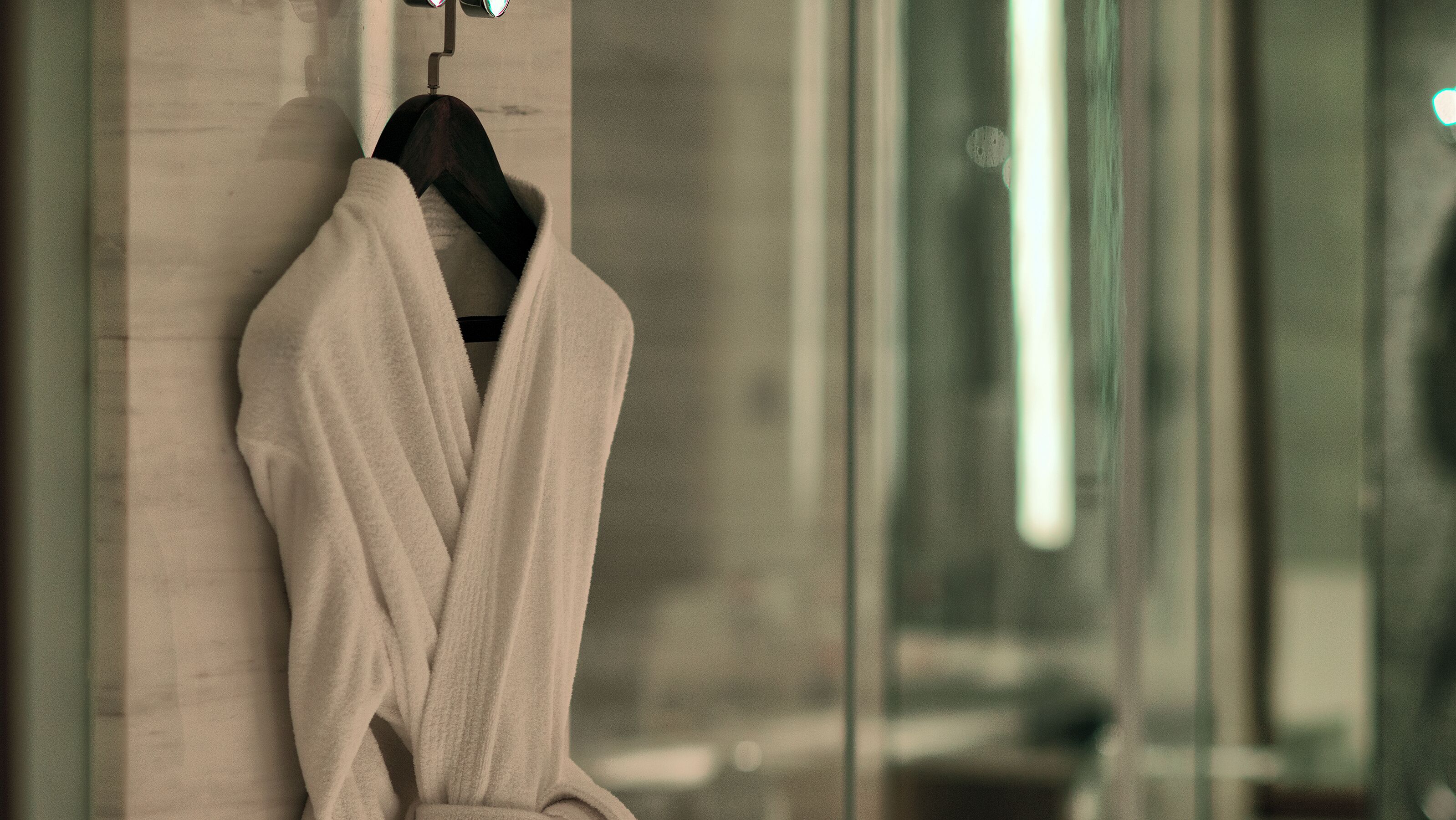 hair dryer, bathrobes, slippers, towels