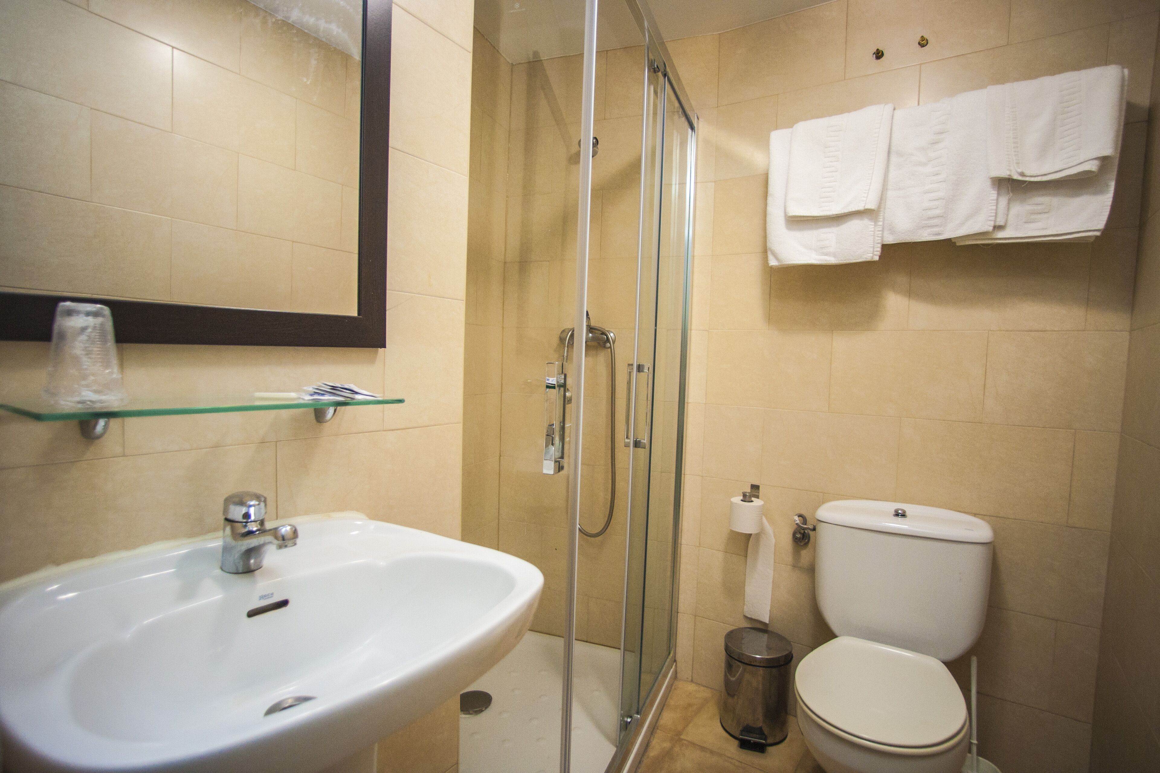 Driepersoonskamer | Badkamer | Een douche, gratis toiletartikelen, een haardroger, handdoeken