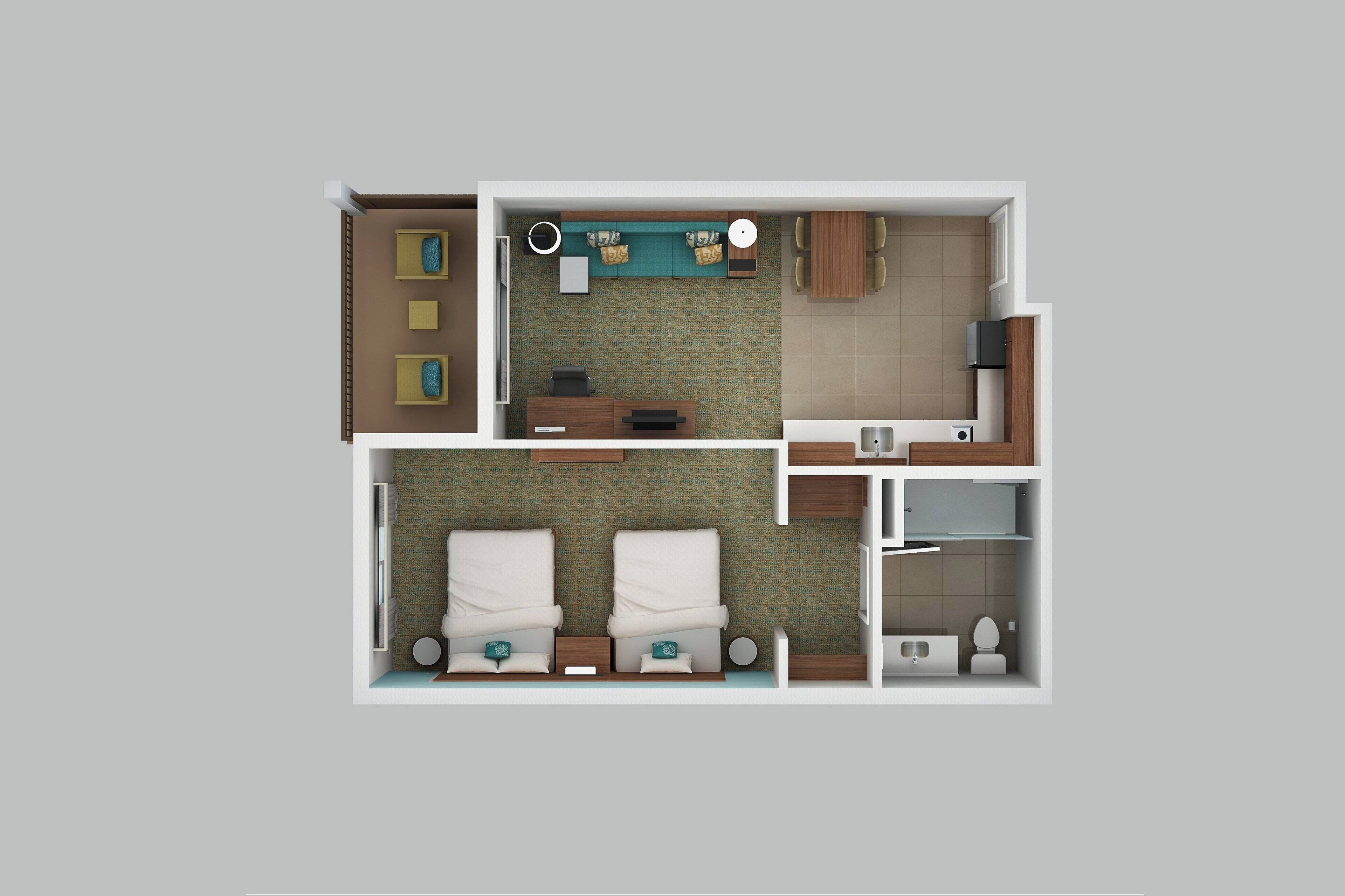 Distribució d'una habitació d'hotel amb llit, dues taules de nit, escriptori, cadira, banyet i petita cuina.