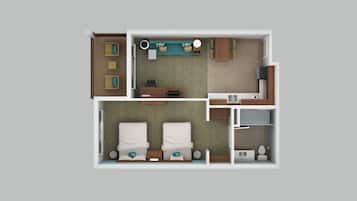 A hotel room layout with a bed, two bedside tables, a desk, a chair, a small bathroom, and a kitchenette.