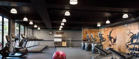 A gym with treadmills, elliptical machines, free weights, and exercise balls.