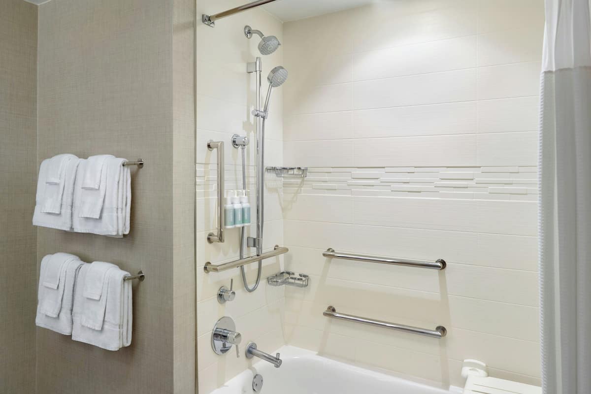 Combined shower/tub, free toiletries, hair dryer, towels
