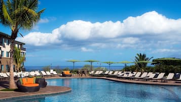 Outdoor pool, free pool cabanas, pool umbrellas