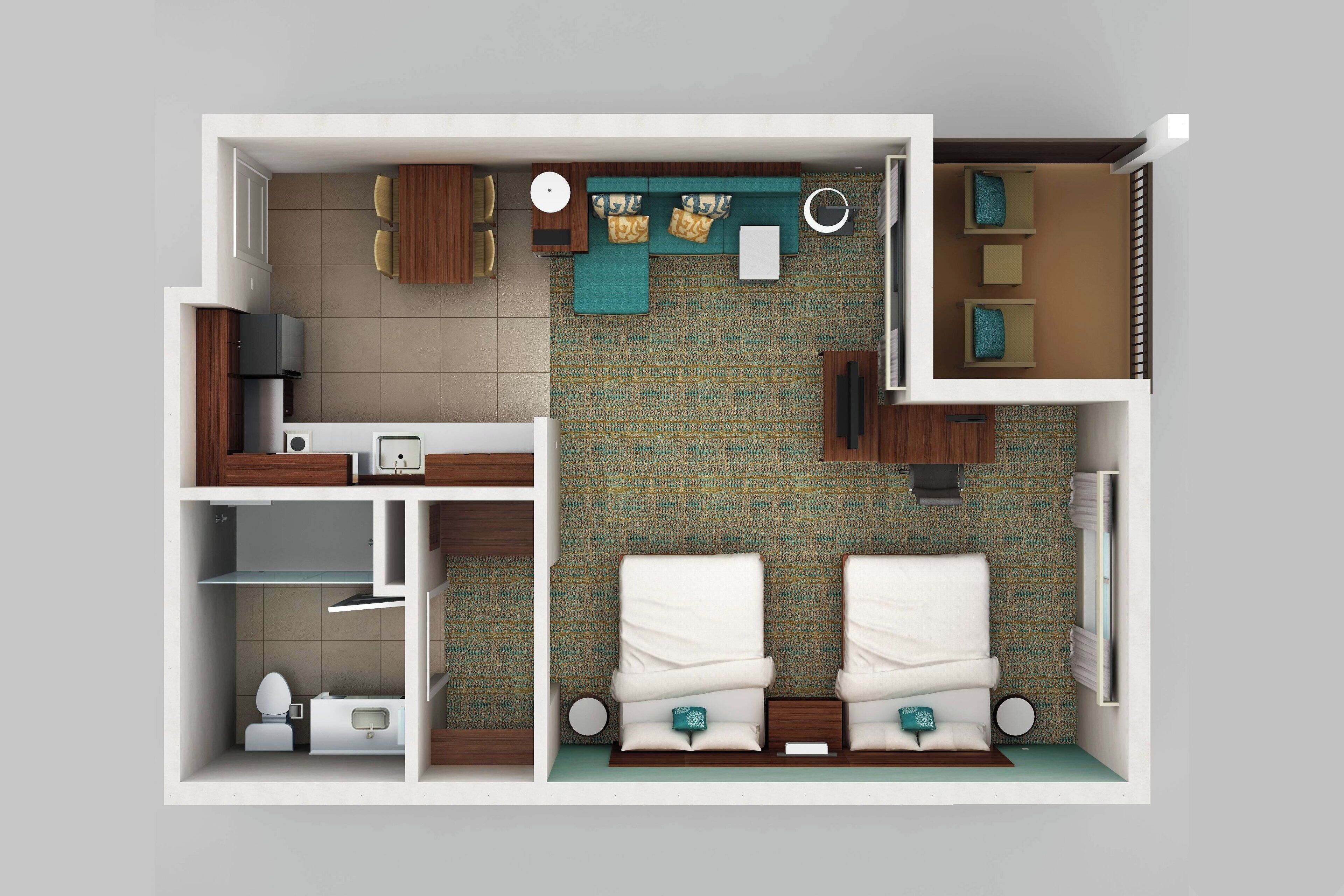 A 2-bedroom apartment layout with a kitchen, dining area, and two separate bedrooms.