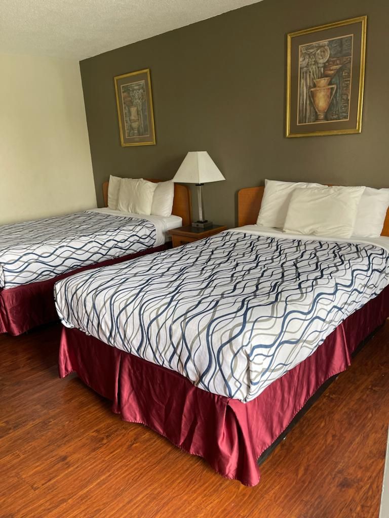 Habitación de hotel con dos camas, cada una con colcha estampada y patas cubiertas de tela roja. Hay una mesita de noche con una lámpara entre las camas, y dos cuadros enmarcados en la pared.