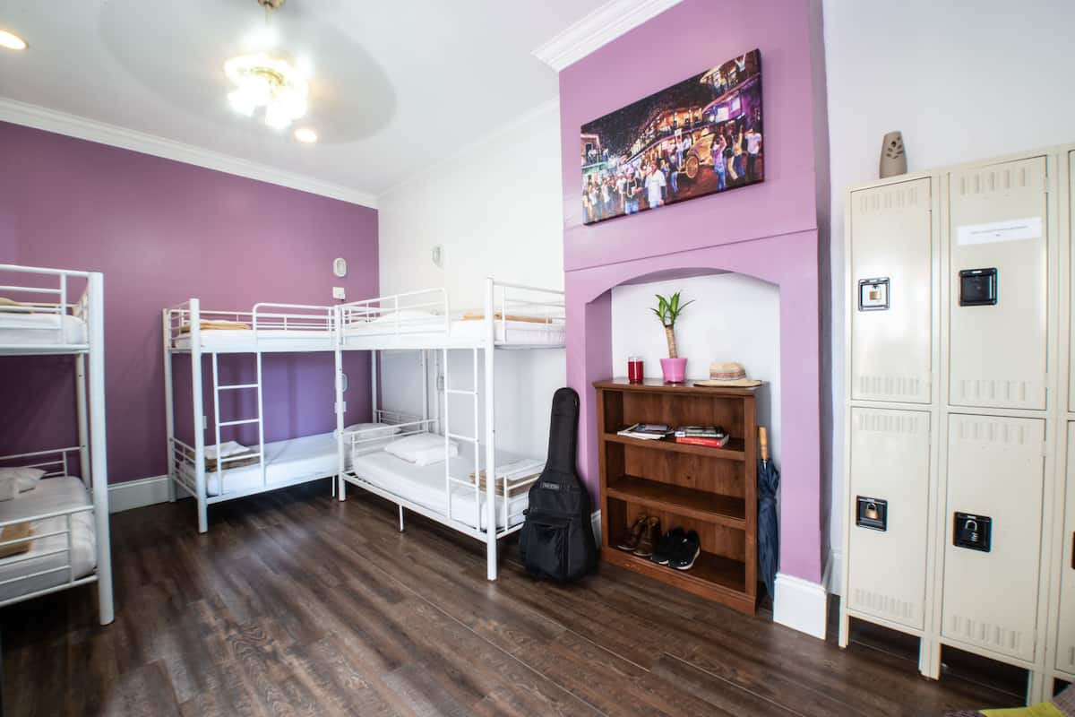 A room with bunk beds, a guitar, a shelf with books and a plant, and a wall-mounted picture.