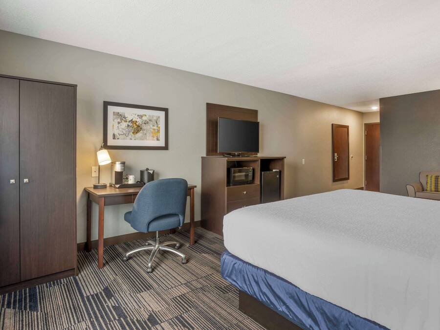Habitación de hotel con una cama grande, un escritorio con silla, televisión, microondas y armario.