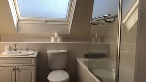 A modern bathroom with a skylight, a bathtub, a toilet, and a sink.