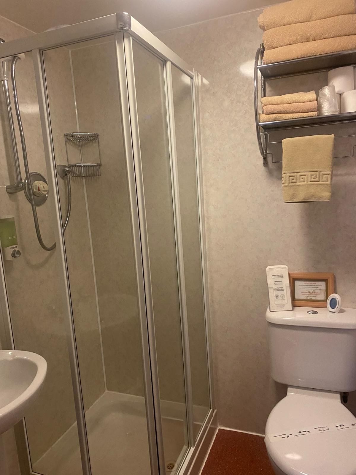 Un baño con ducha de vidrio, inodoro y estante con toallas.