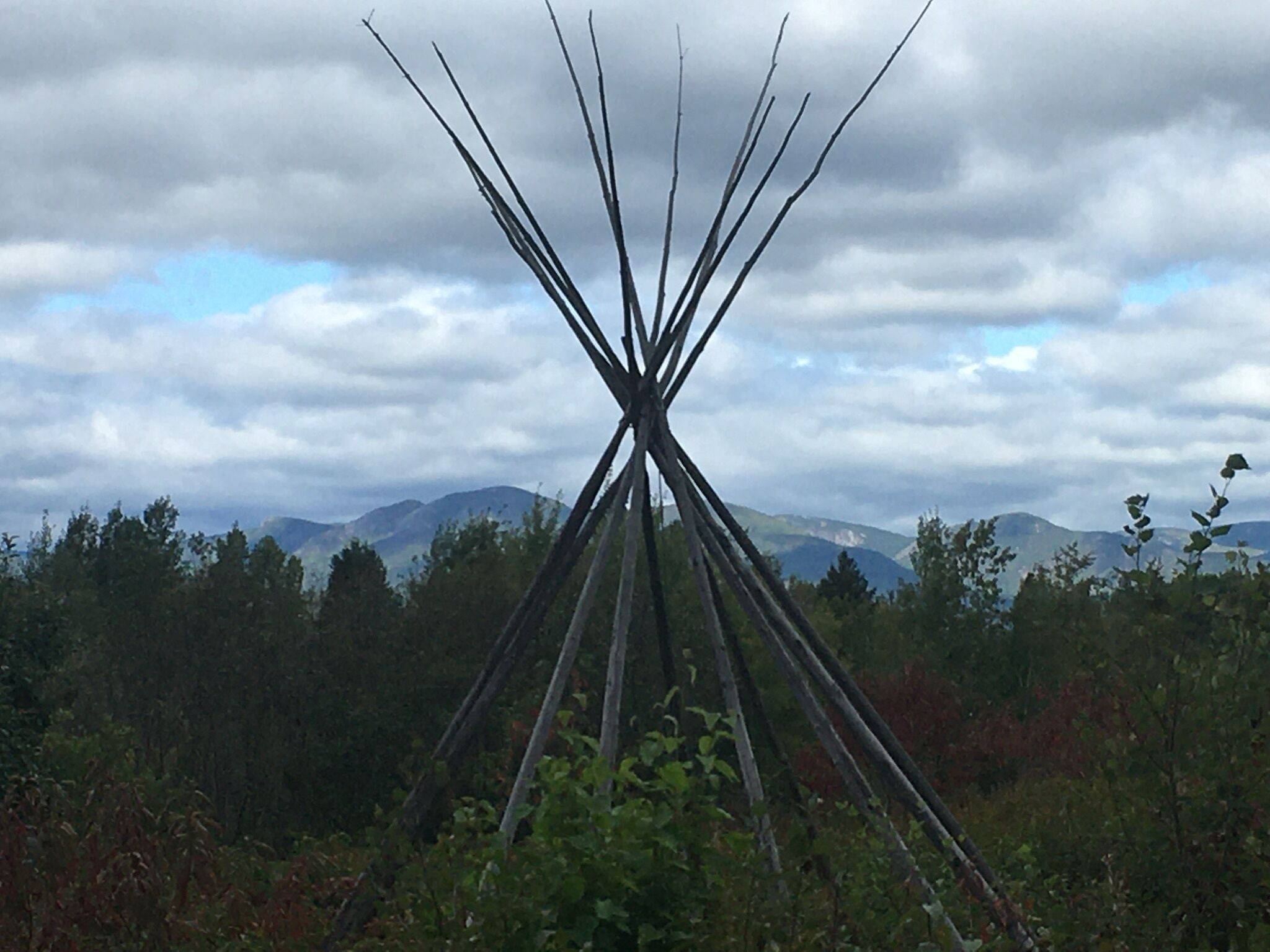 A traditional tipi structure surrounded by a forest with mountains in the background.