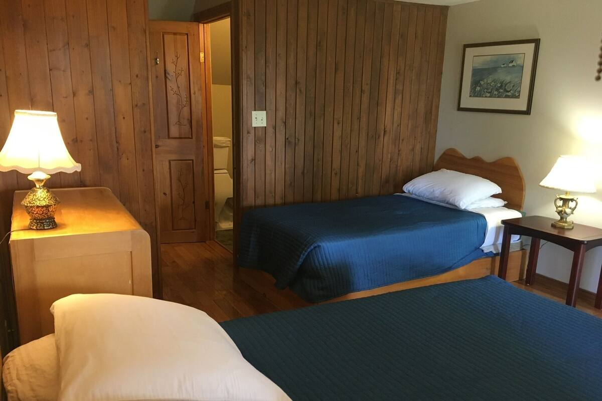 A room with two beds, wooden walls, a door, a bedside table with a lamp, and a framed picture on the wall.