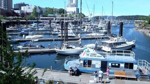 Ein Yachthafen mit mehreren angedockten Booten, eine Fähre mit Wartebereichhinweis und eine Stadtlandschaft im Hintergrund.