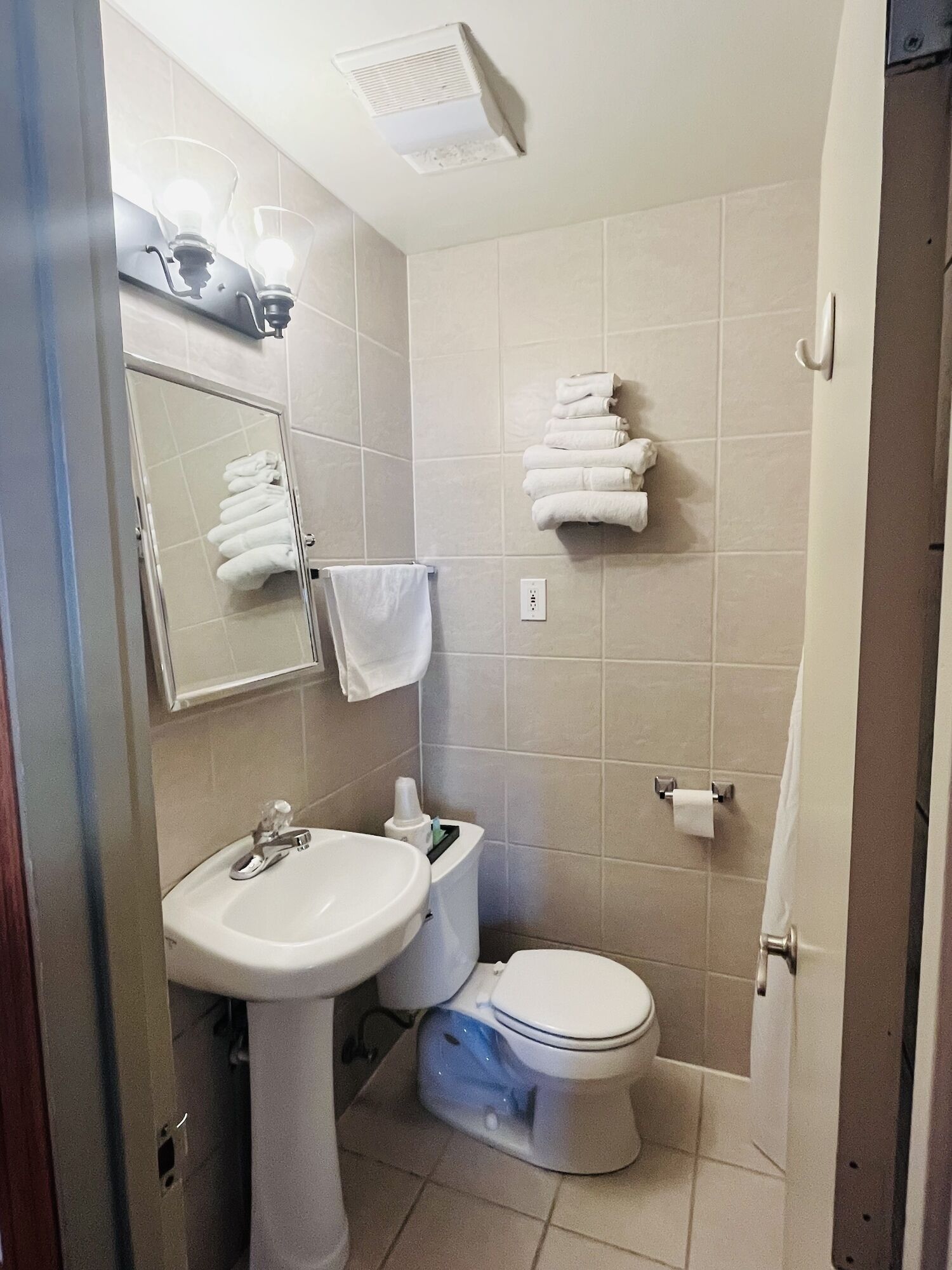 hair dryer, towels, soap, shampoo