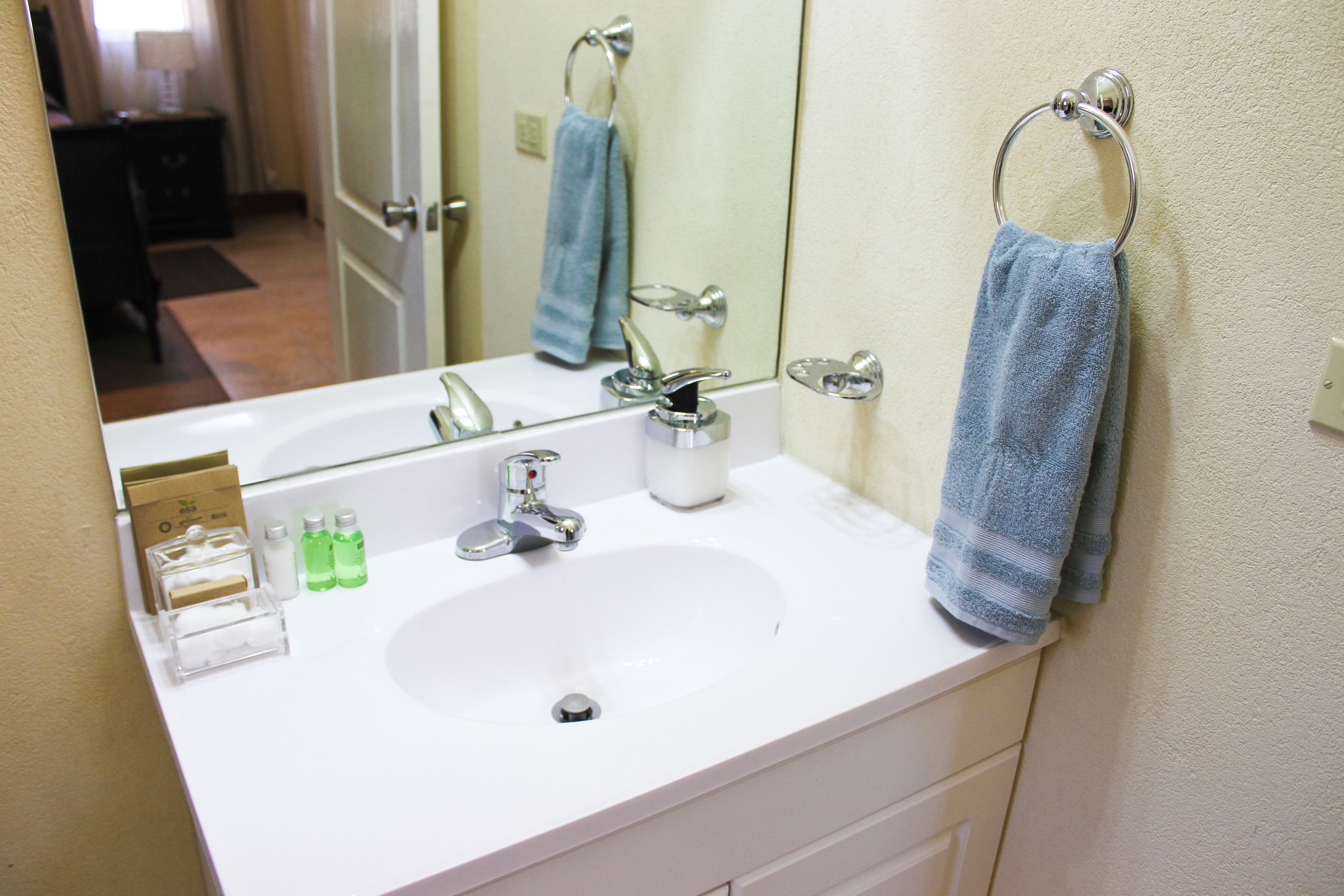 A bathroom with a white sink, a mirror, a towel ring, and a door.