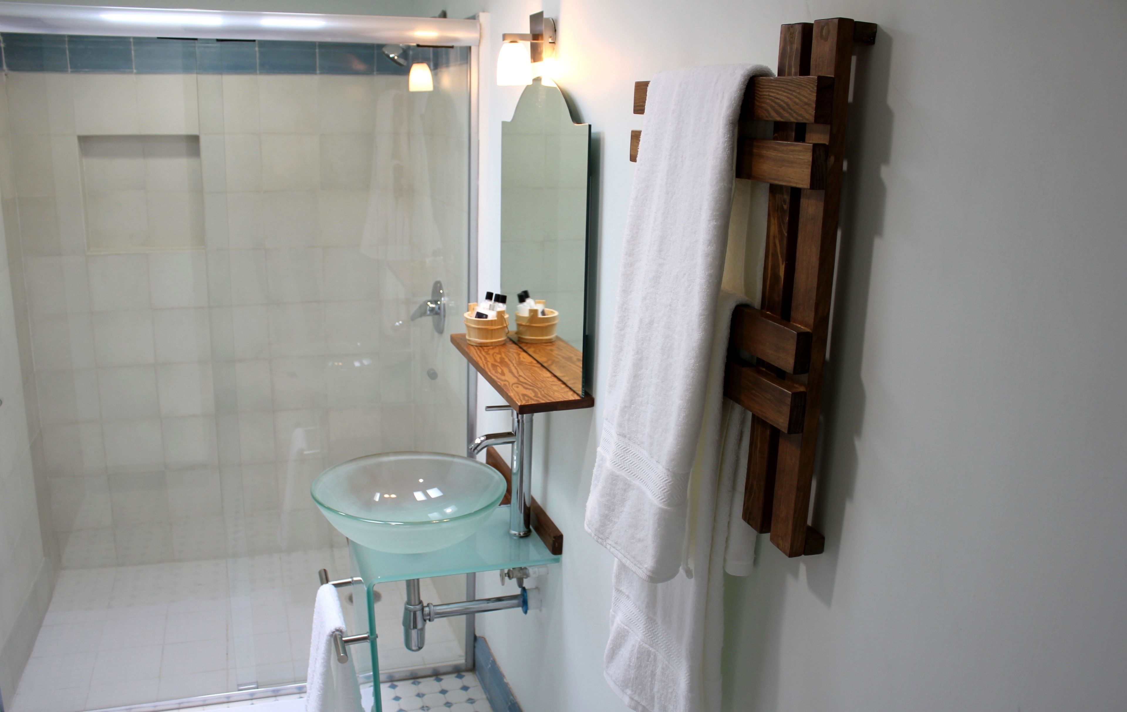 room | bathroom | shower, designer toiletries, hair dryer, towels