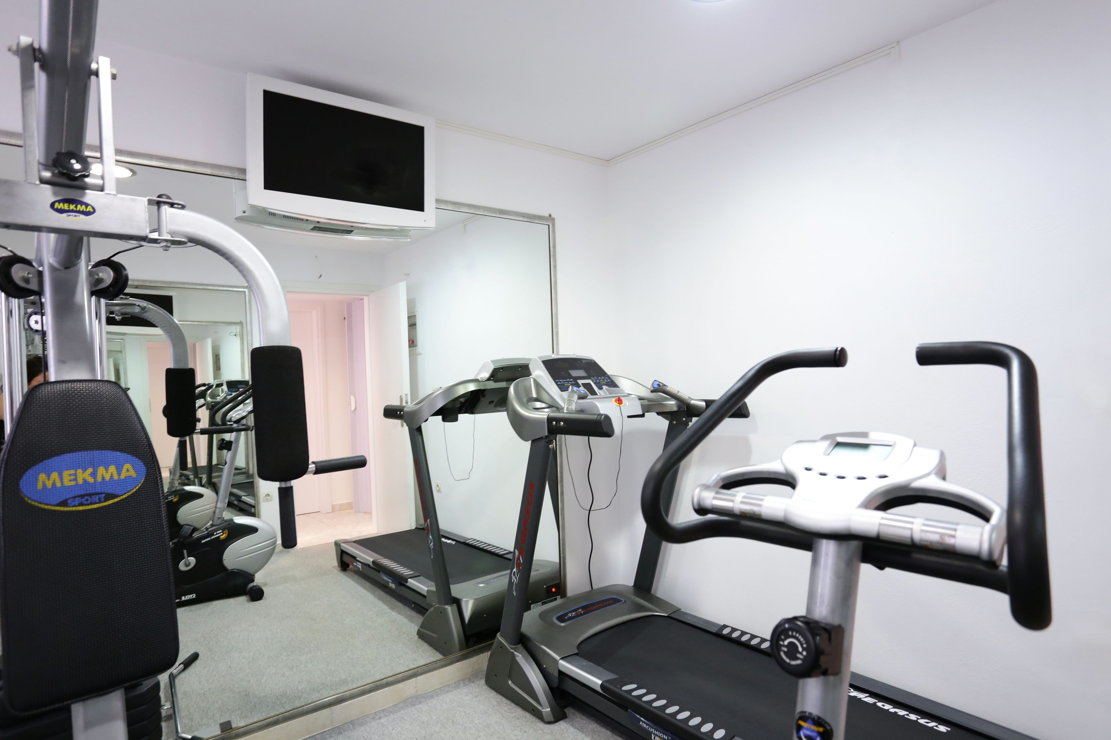 Une salle de sport équipée de tapis de course, d’une machine de musculation et d’un écran de télévision.