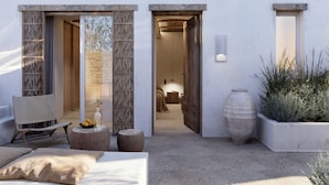 Un espace extérieur moderne aménagé avec un canapé, une chaise en bois et une table ronde sur laquelle se trouvent une bouteille et des fruits. On y trouve également un grand bac à plantes et un vase en pierre.