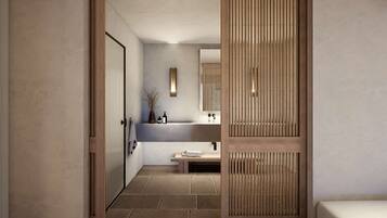 Signature Suite with Jacuzzi | Bathroom | Shower, hair dryer, slippers, towels