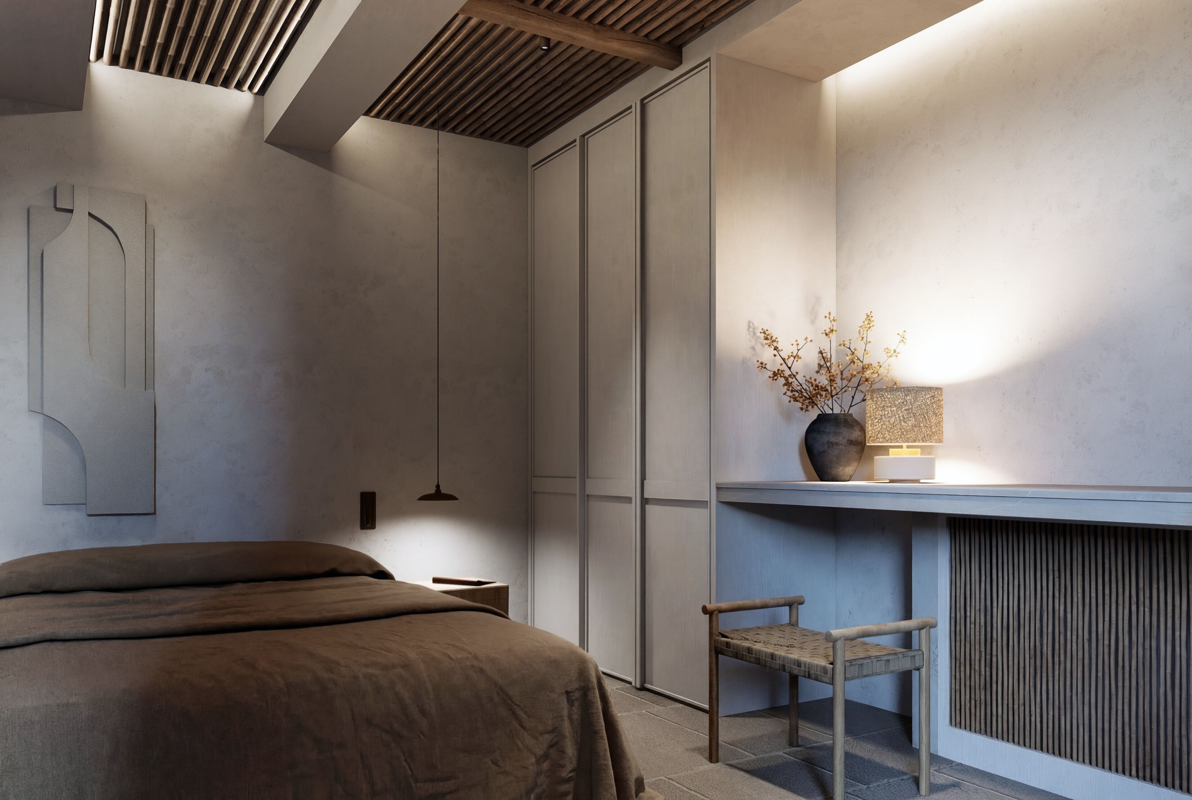 A modern bedroom with a bed, a chair, a bedside table, a wall-mounted shelf with a vase, and a pendant light.