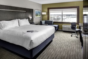 Une chambre d’hôtel avec un grand lit, un bureau avec une chaise, une fenêtre donnant sur un paysage agréable et un radiateur fixé au mur.