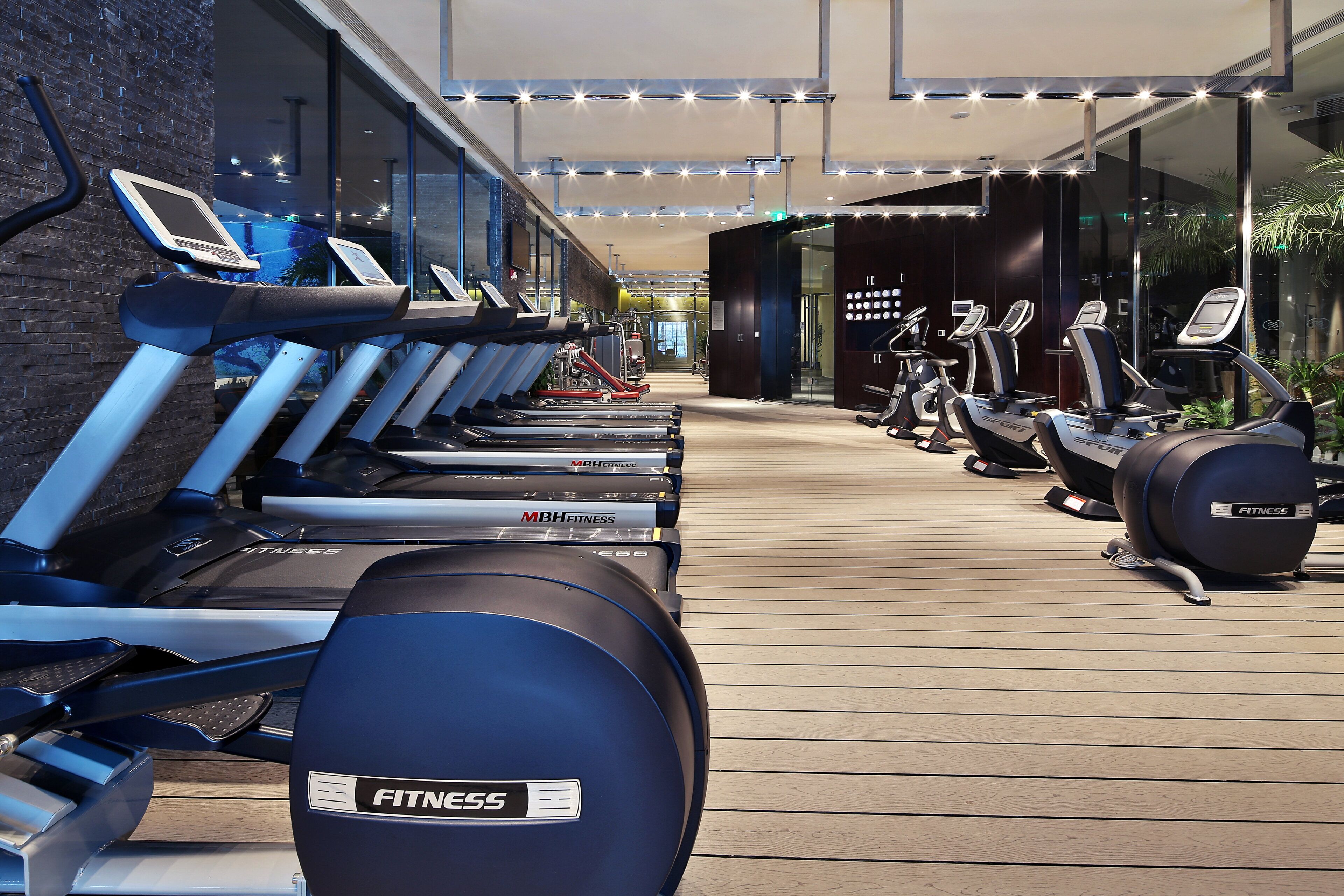 A row of stationary exercise bikes and treadmills in a gym area with a wooden floor and glass walls.