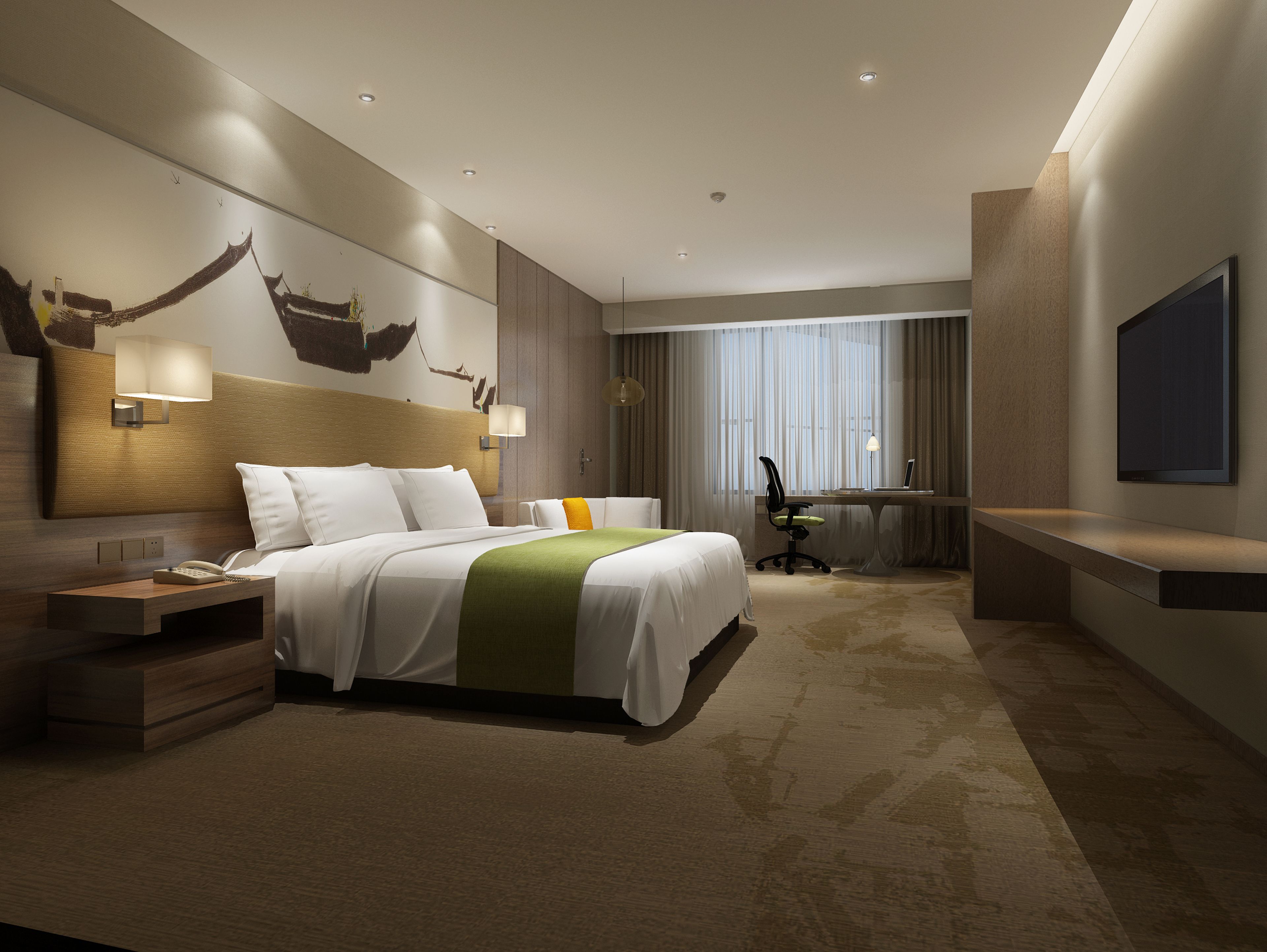 Una camera d'hotel moderna con un letto grande, una scrivania e una televisione.