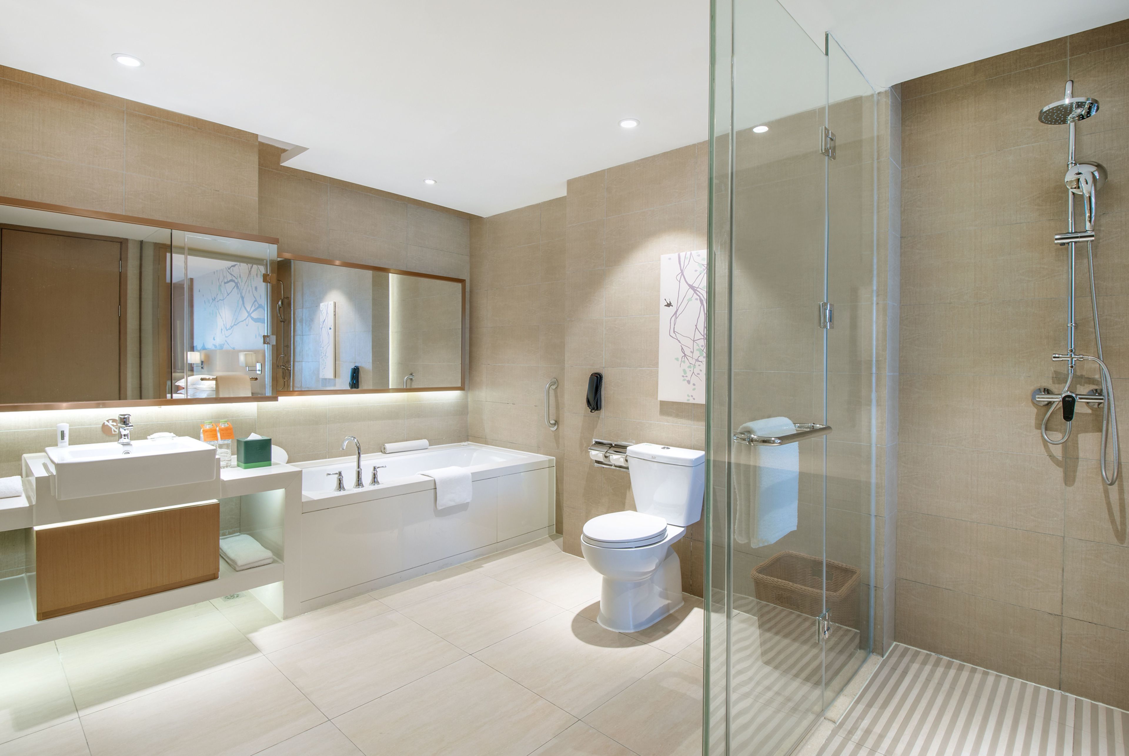 A modern bathroom with a glass-enclosed shower, a bathtub, and a toilet.