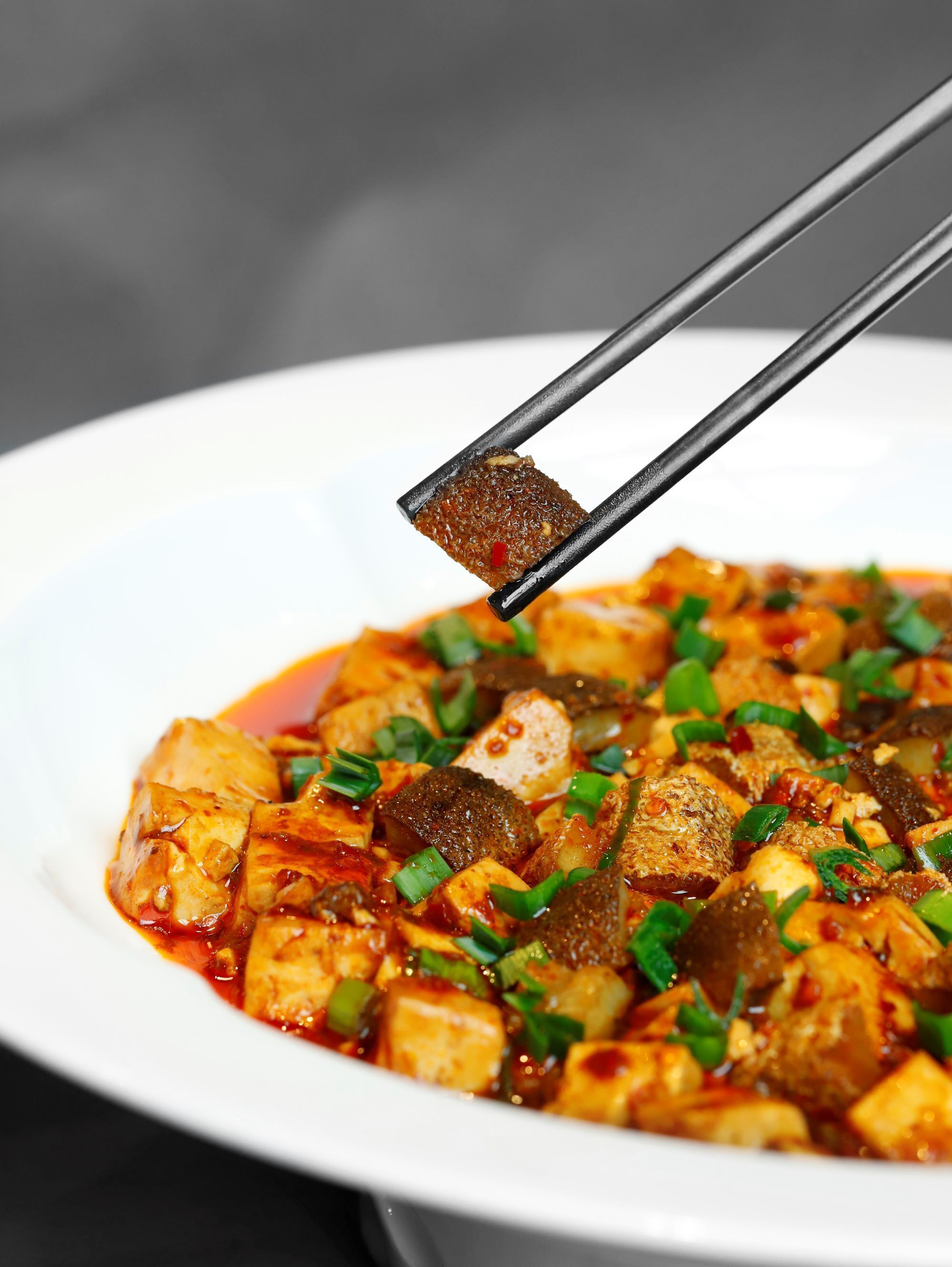 Eine Schüssel mit würzigem Tofu-Gericht, garniert mit Frühlingszwiebeln, serviert auf einem weißen Teller.