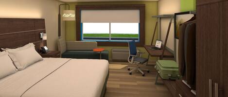 A hotel room with a bed, a desk, a chair, a suitcase, and a window with a view of the outdoors.
