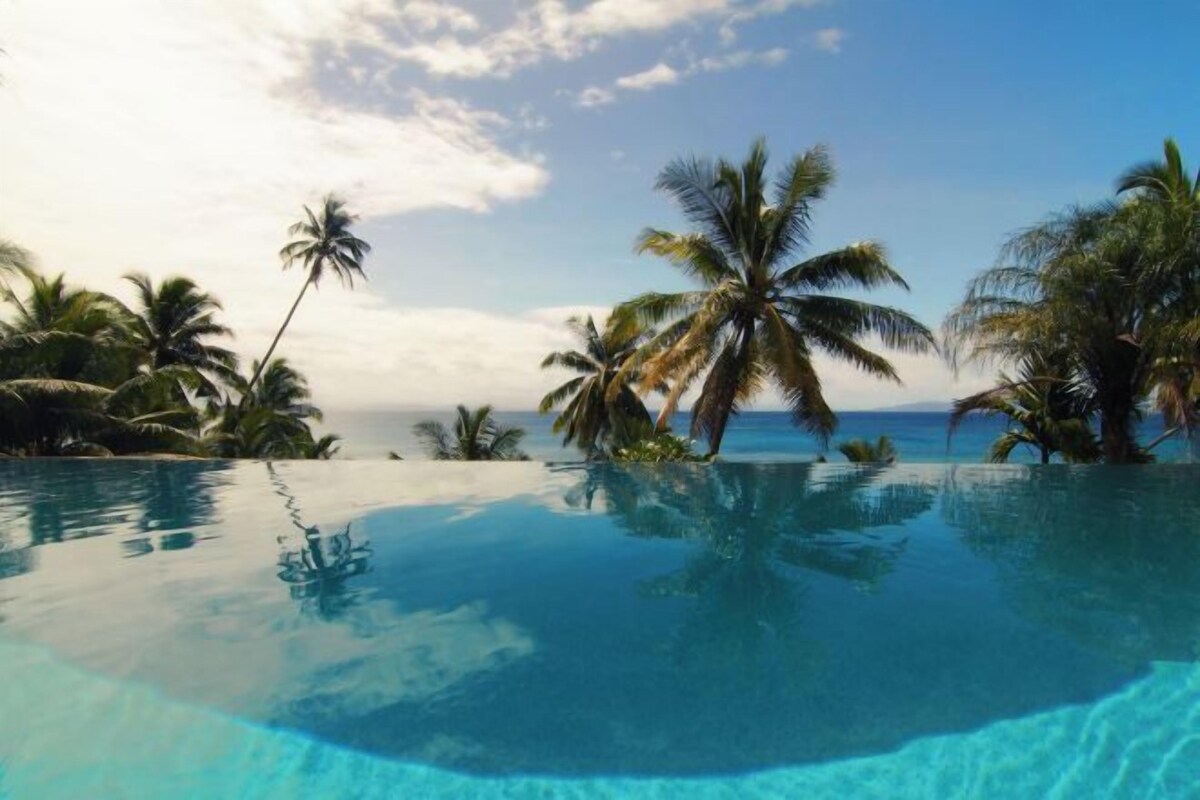 An infinity pool with palm trees and a view of the ocean.